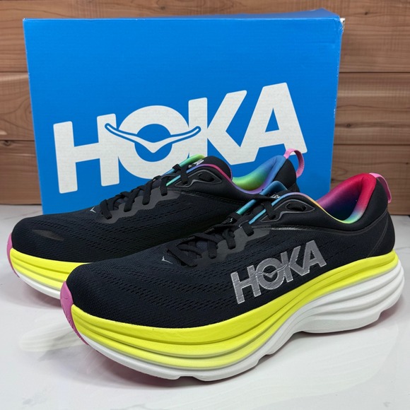 Hoka One One Bondi 8 Running Shoes Black Yellow Rainbow 1123202 BCGL Mens 10.5 D - Picture 1 of 15